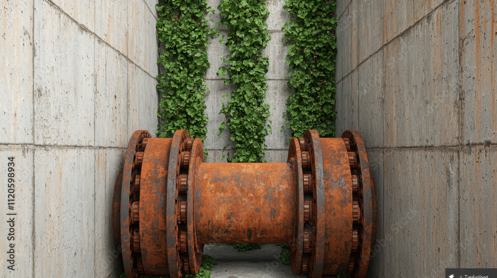 Genius loci, A rusty industrial pipe surrounded by concrete walls and green ivy, showcasing a blend of decay and nature's reclamation. Genius loci, A rusty industrial pipe surrounded by concrete walls and green ivy, showcasing a blend of decay and nature's reclamation.