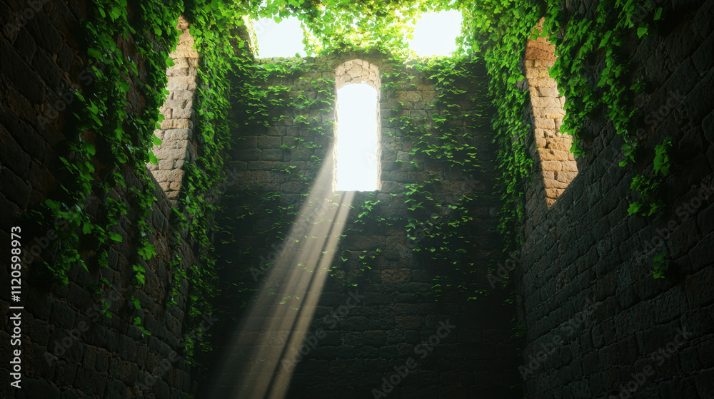 Genius loci, A sunbeam streams through a window, illuminating a stone room overgrown with vibrant green vines, creating a serene and mystical atmosphere. Genius loci, A sunbeam streams through a window, illuminating a stone room overgrown with vibrant green vines, creating a serene and mystical atmosphere.