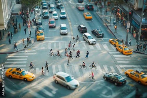 A busy urban intersection with cars, bikes, and pedestrians navigating the crosswalks.