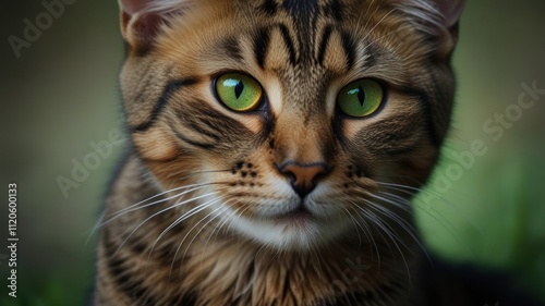 Close-up portrait of a tabby cat with bright green eyes.