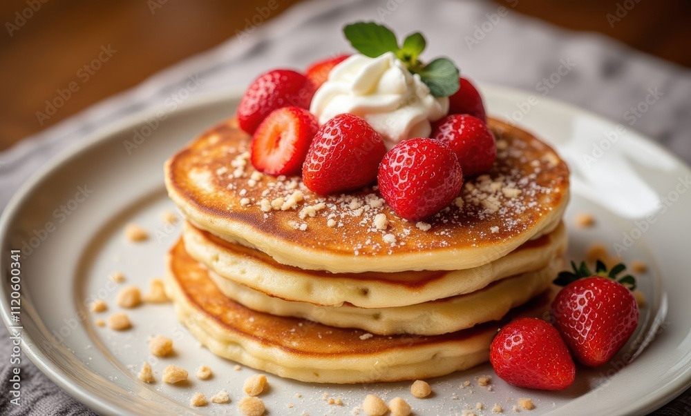 Delicious pancakes with strawberries and cream Delicious pancakes with strawberries and cream