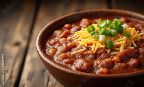 Delicious chili topped with cheese and scallions photo