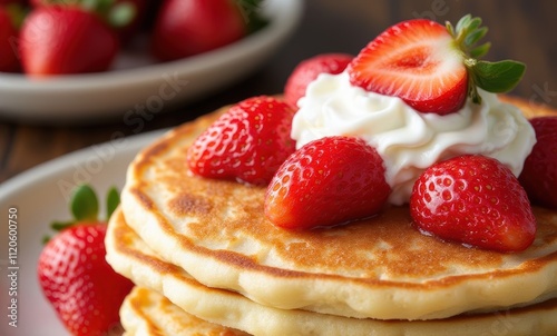 Delicious pancakes with strawberries and cream