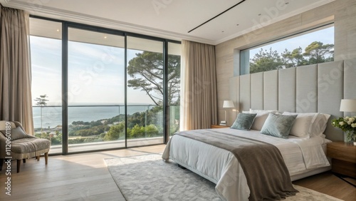 Bright and airy the stylish bedroom integrates a contemporary glass wall that delineates the space with soft linen curtains that can be drawn for tranquility ensuring the area