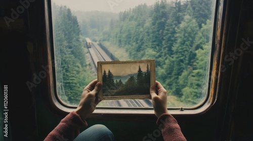 Wallpaper Mural Person holding an old photograph, looking out of a train window, at a wooded landscape. generative ai Torontodigital.ca