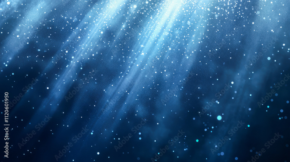 Obraz premium Mystical underwater light rays and floating particles in deep blue ocean