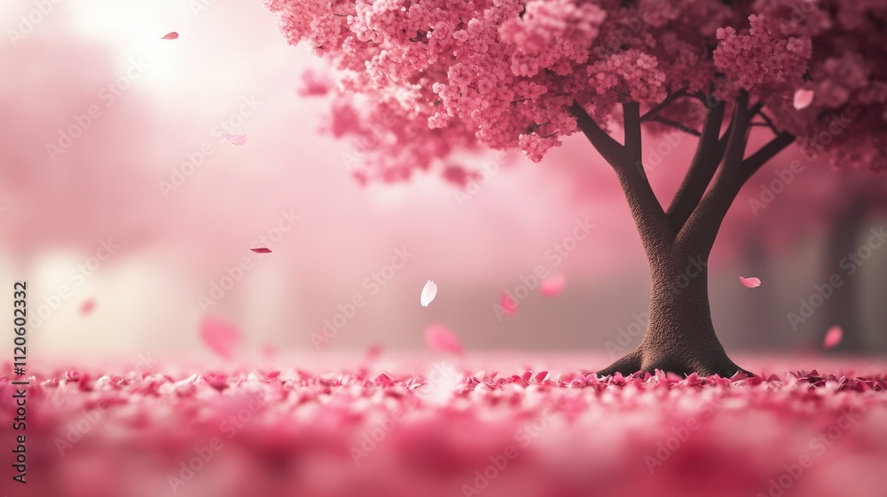 Serene Pink Blossom Tree with Petals in Gentle Spring Breeze Serene Pink Blossom Tree with Petals in Gentle Spring Breeze