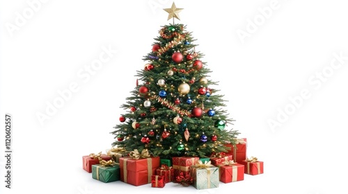 Festive Christmas Tree with Colorful Ornaments and Wrapped Gifts