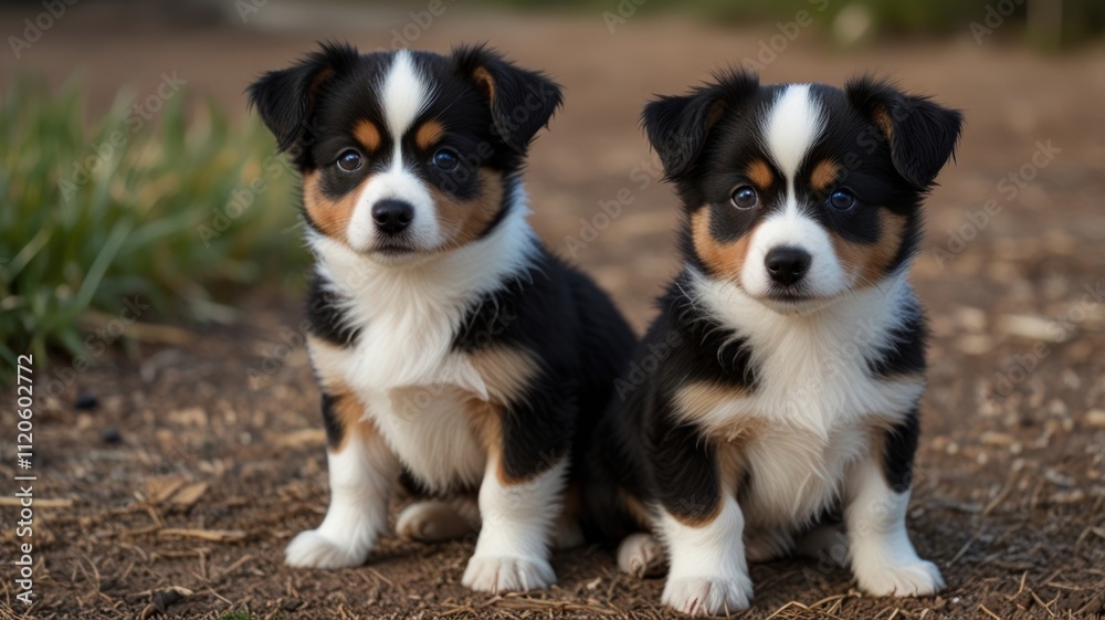 Two adorable black and white puppies sitting side-by-side outdoors. Two adorable black and white puppies sitting side-by-side outdoors.