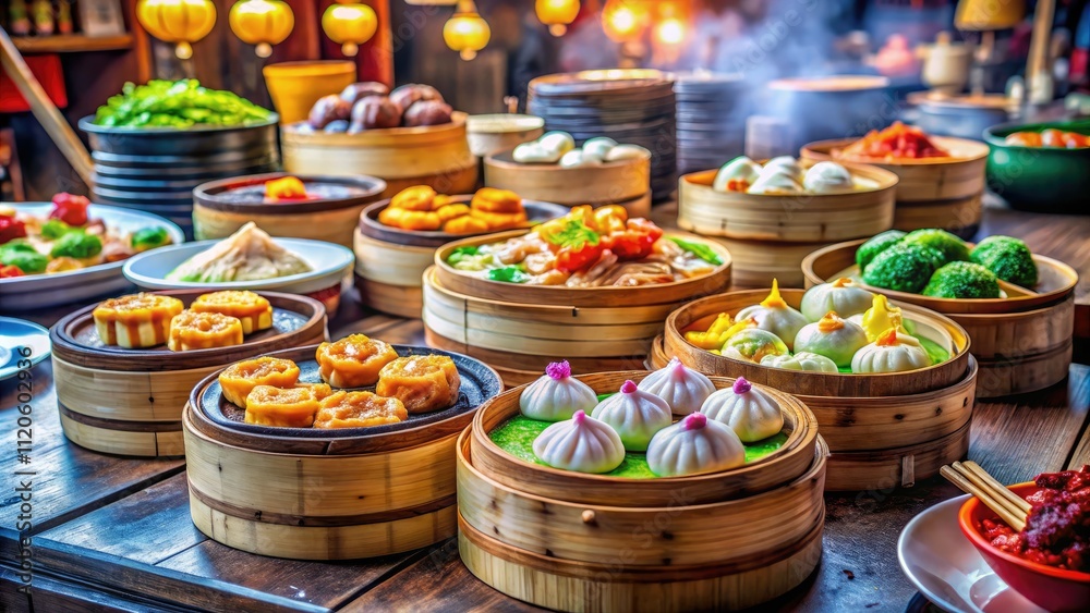 Fototapeta premium Discover the Art of Dim Sum: A Candid Culinary Experience with Steaming Baskets, Colorful Dumplings, and Vibrant Ingredients in a Cozy Restaurant Setting