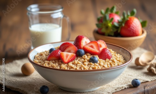 Delicious breakfast with strawberries and blueberries