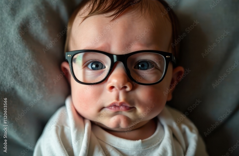 newborn Baby Wearing Black Glasses and White Blanket Close-up