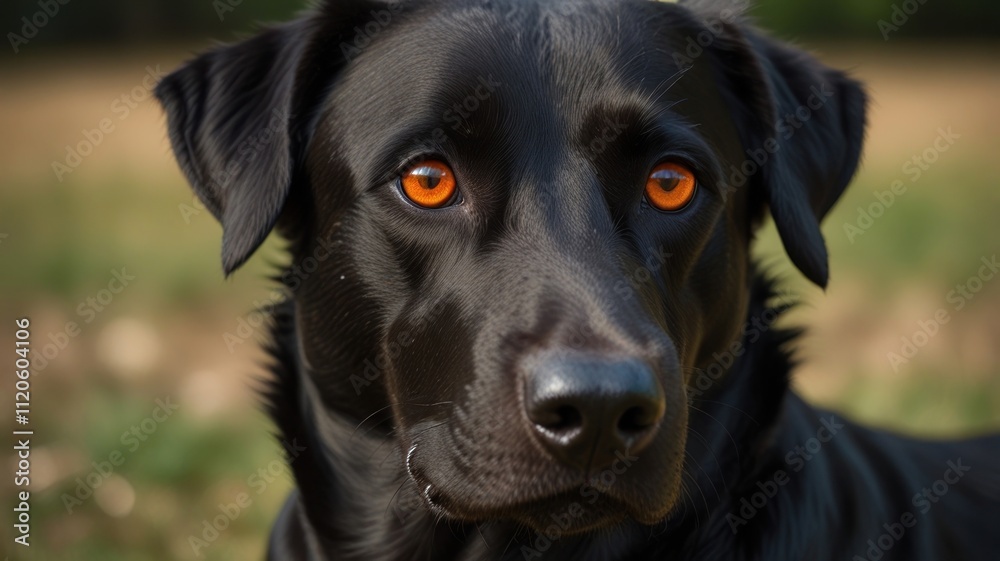 Close-up portrait of a black dog with amber eyes outdoors. Close-up portrait of a black dog with amber eyes outdoors.