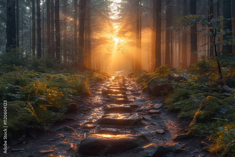 Fototapeta premium Mysterious path in the autumn forest with fog and sun rays,. 
