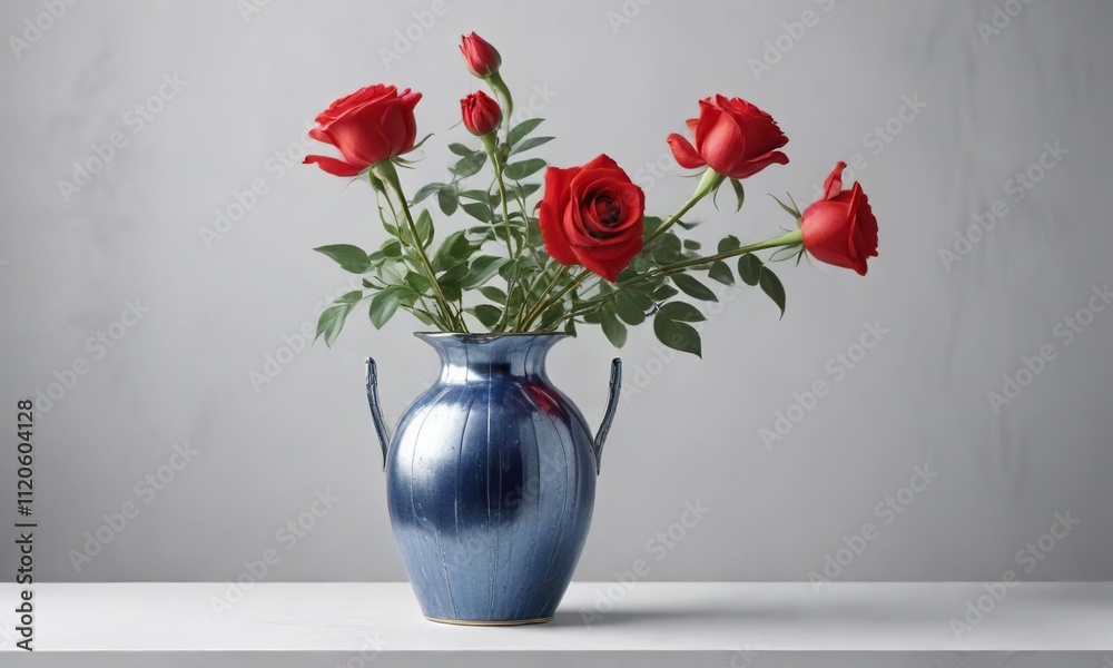 Fototapeta premium Charming red rose in a delicate silver-blue ceramic vase on a soft white background, red rose, floral arrangement