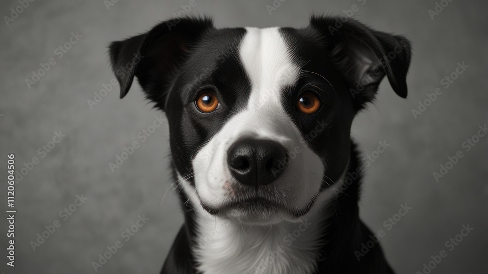 Portrait of a black and white dog with amber eyes. Portrait of a black and white dog with amber eyes.
