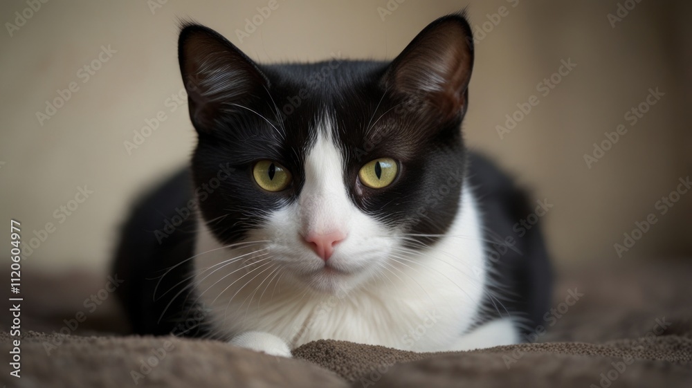 Tuxedo cat with striking yellow eyes, lying down on a brown surface. Tuxedo cat with striking yellow eyes, lying down on a brown surface.