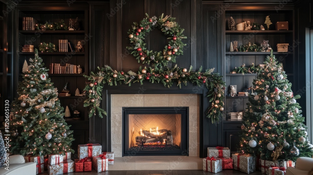 Cozy christmas fireplace with decorated trees