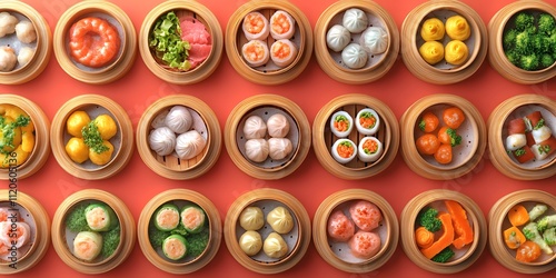 Assorted Dim Sum Selection in Bamboo Steamers