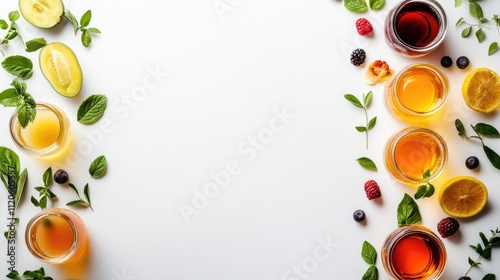 Colorful Assortment of Fresh Juices and Ingredients on White Background