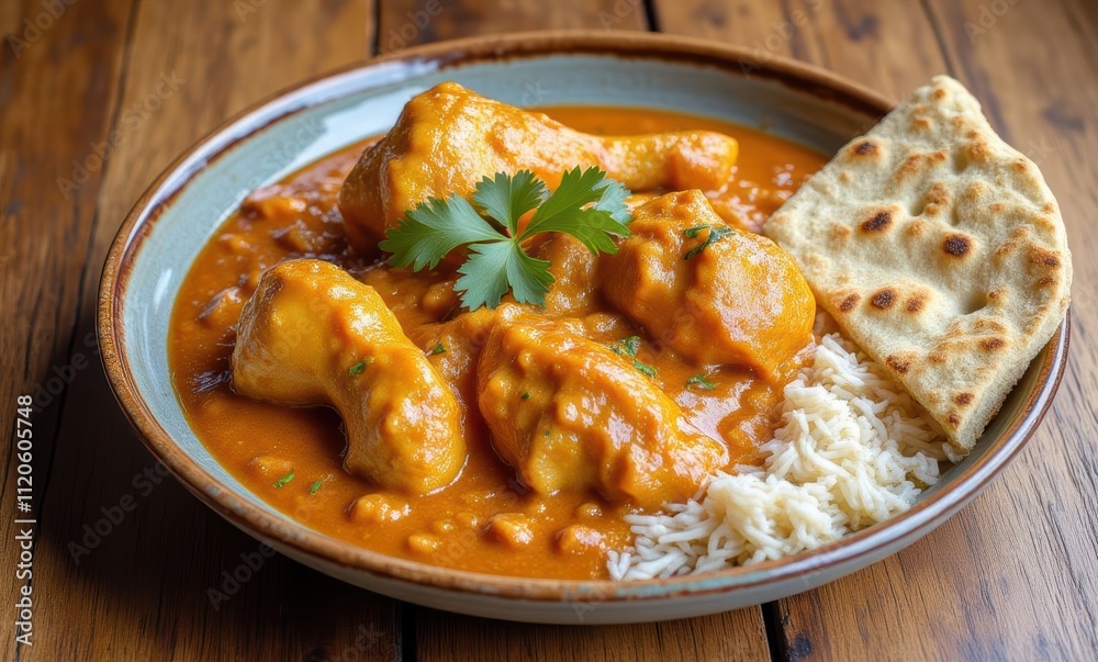 Delicious chicken curry with rice and naan Delicious chicken curry with rice and naan
