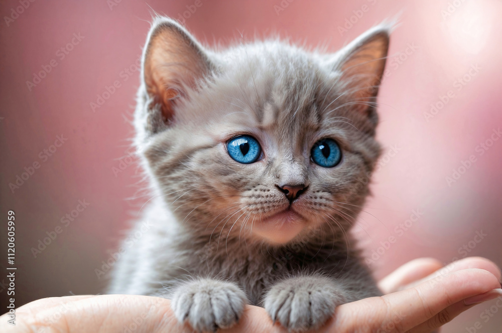 Fototapeta premium Small gray fluffy kitten with blue eyes in the human palm. Kitten in the palm of your hand. 