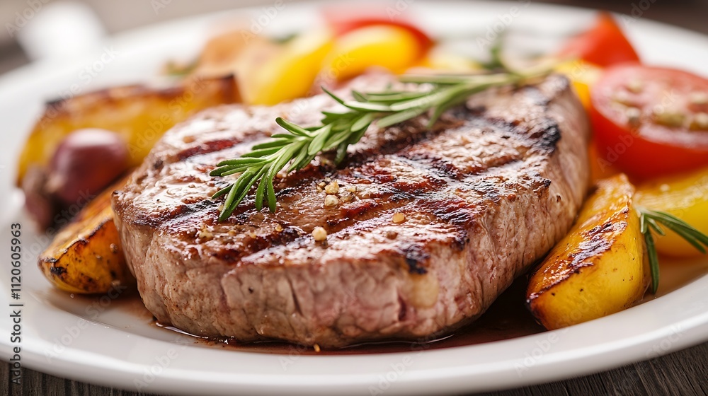 Juicy Grilled Steak with Rosemary and Vegetables on White Plate Food Photography : Generative AI Juicy Grilled Steak with Rosemary and Vegetables on White Plate Food Photography : Generative AI