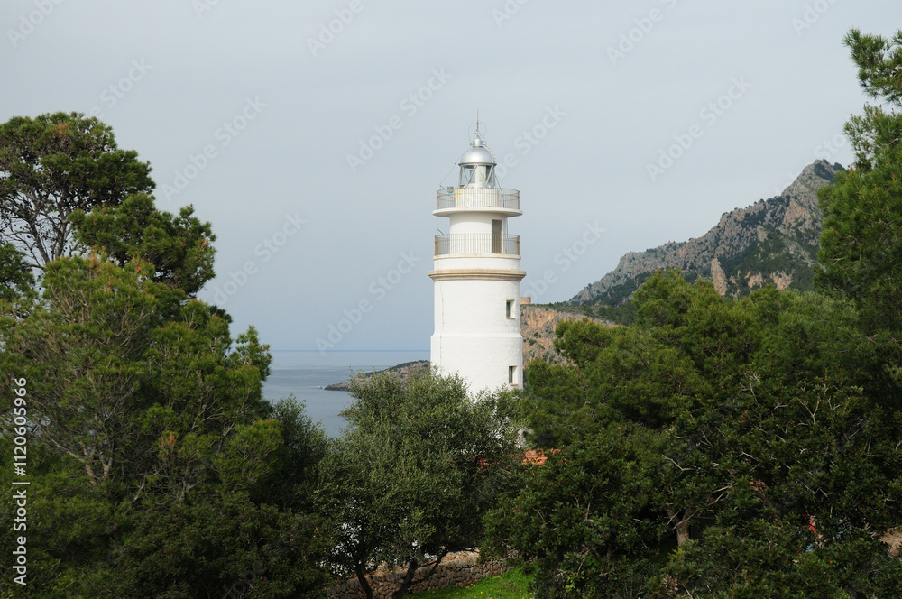 Lighthouse Far Del Cap Gros In Port De Soller Mallorca Spain On A Beautiful Sunny Spring Day With A Clear Blue Sky Lighthouse Far Del Cap Gros In Port De Soller Mallorca Spain On A Beautiful Sunny Spring Day With A Clear Blue Sky