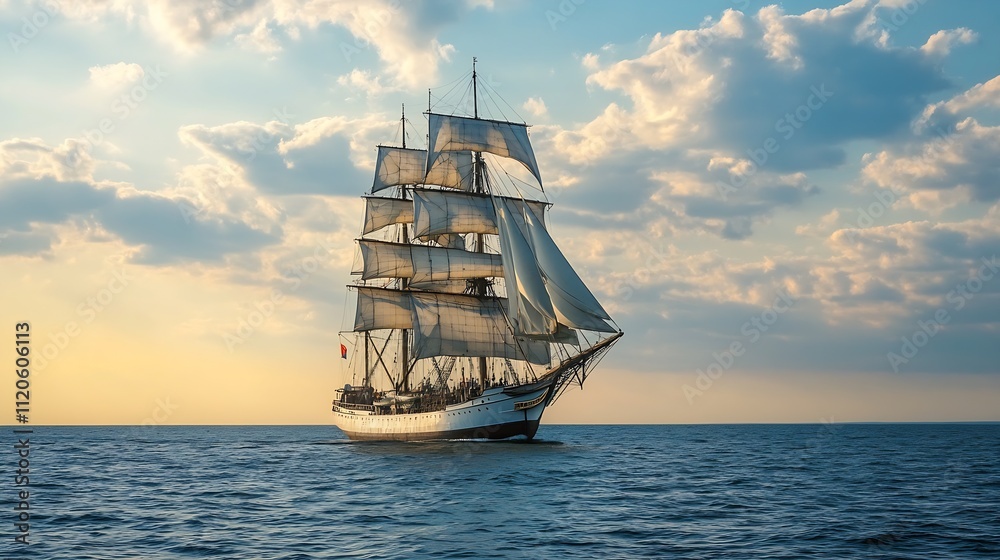 Fototapeta premium Elegant Tall Ship Sailing Gracefully on Open Sea Under Blue Sky : Generative AI