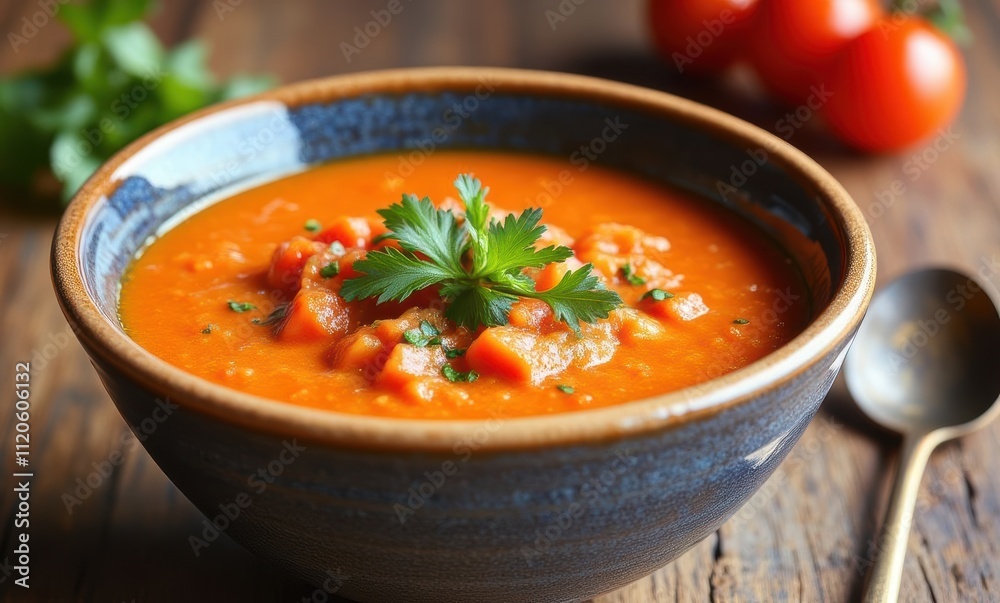Delicious vegetarian tomato soup served in bowl Delicious vegetarian tomato soup served in bowl