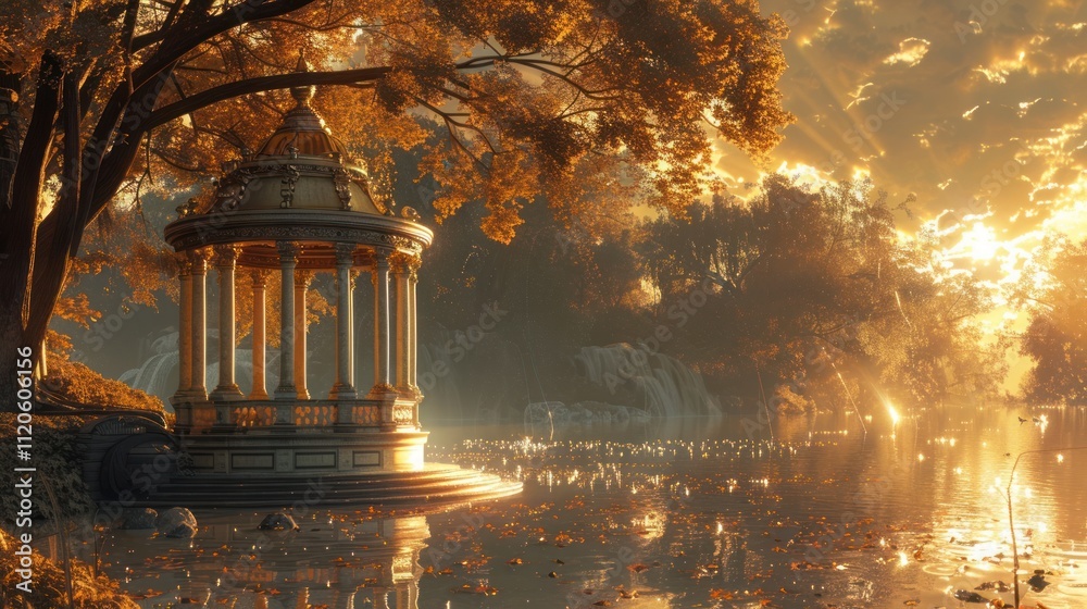 Obraz premium A serene gazebo by a tranquil lake surrounded by autumn foliage and soft sunlight.