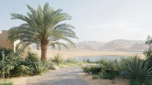 Serene Desert Landscape with Palm Trees and Tranquil Water Body