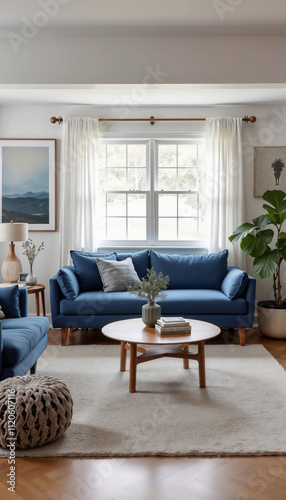 Cozy living room with blue sofa, round coffee table, green plants, mountain landscape artwork, light rug, and natural sunlight blending modern and Scandinavian styles for a warm and inviting atmospher