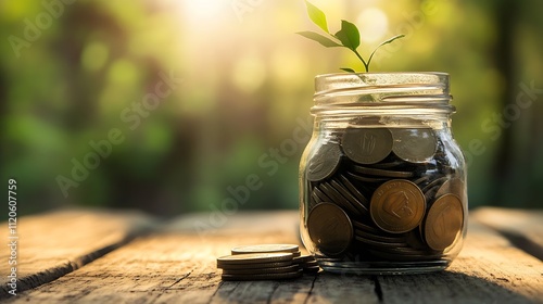 Investment growth concept jar full of coins plant sapling sprouting : Generative AI photo