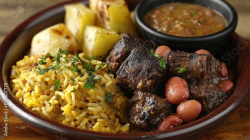 Hearty beef stew with rice, beans, and potatoes. photo