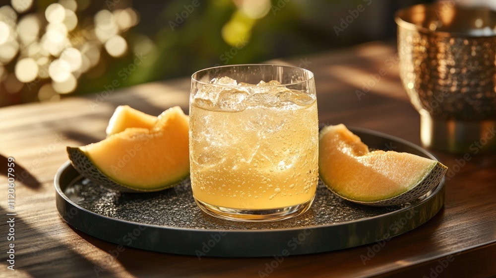 Refreshing Melon Beverage with Ice in Stylish Setting Refreshing Melon Beverage with Ice in Stylish Setting
