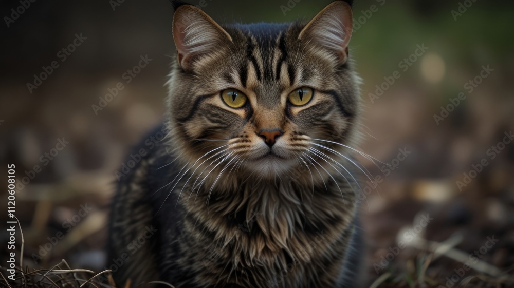 Close-up portrait of a tabby cat outdoors. Close-up portrait of a tabby cat outdoors.