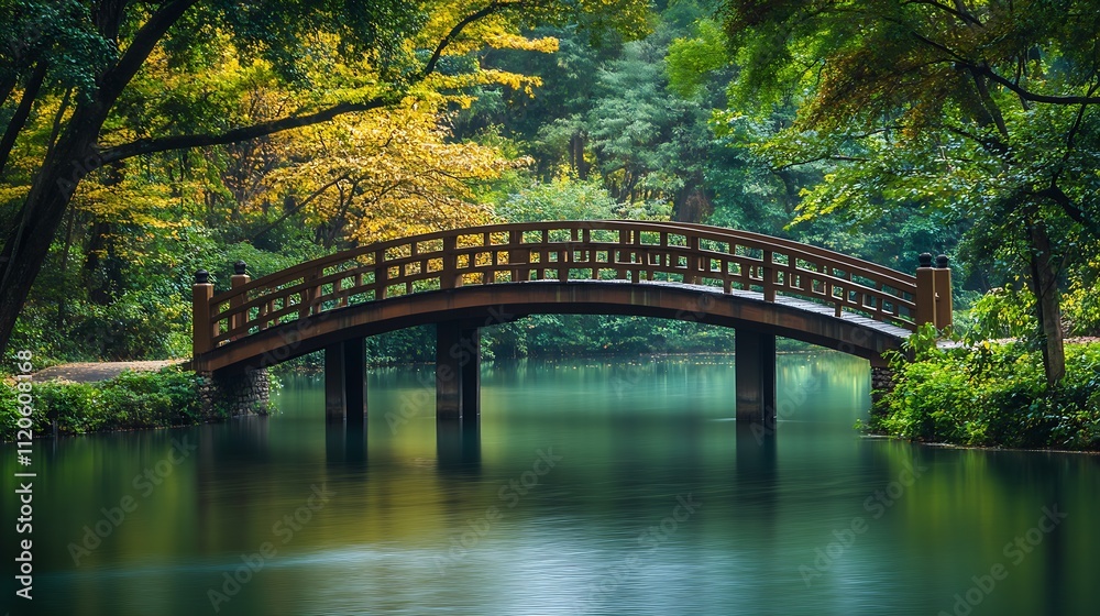 Wooden Arch Bridge Over Green Pond Surrounded by Lush Forest Foliage : Generative AI