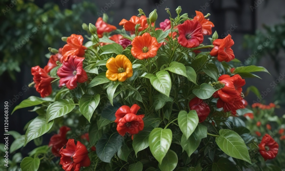Closeup of a mature pepper plant with lush leaves and vibrant flowers , mature, garden Closeup of a mature pepper plant with lush leaves and vibrant flowers , mature, garden