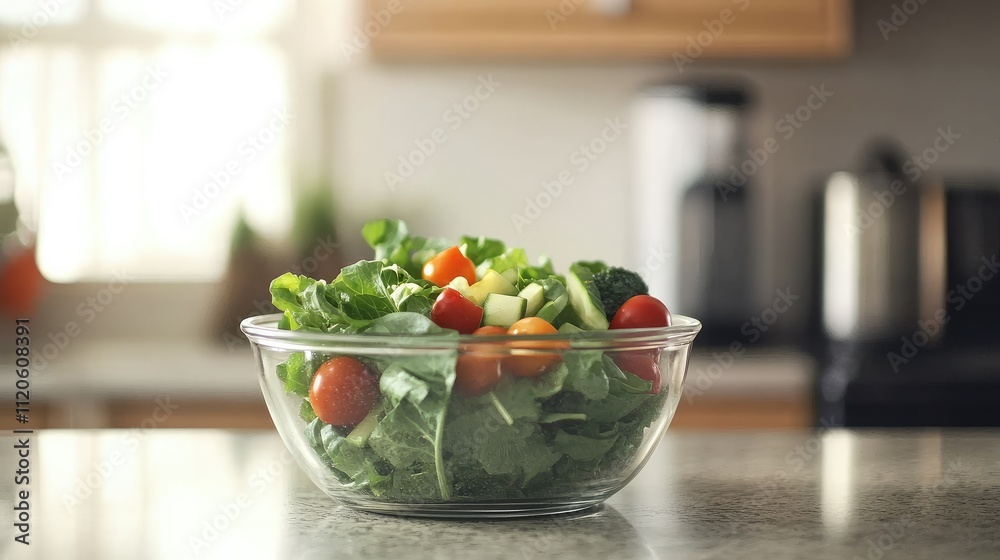 Fresh Salad Bowl with Colorful Vegetables in a Modern Kitchen Fresh Salad Bowl with Colorful Vegetables in a Modern Kitchen
