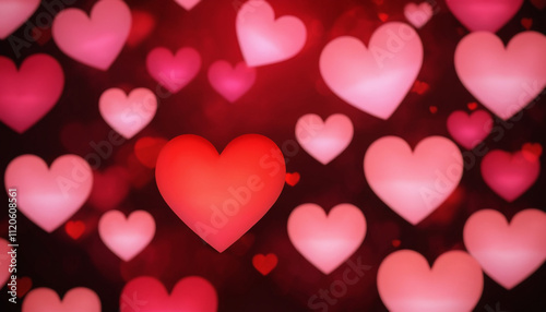 A collection of glowing red heart shaped in various size with a bokeh effect background, transitioning from deep red to pink hues. Happy Valentine's Day