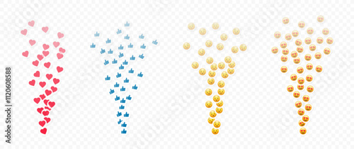 Likes flying up for stories and live streams. Colorful like and thumb icons for social media ui. Vector illlustration isolated in transparent background, vector 10 eps.