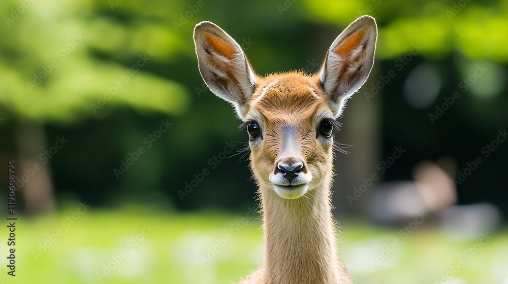 Fototapeta premium Young Deer in Open Meadow with Lush Green Background : Generative AI