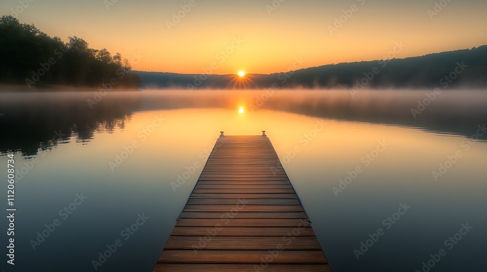 Fototapeta premium Golden Sunrise over Misty Lake with Wooden Pier Surrounded by Lush Forests : Generative AI