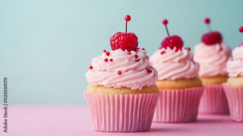 Gourmet pink cupcakes topped with whipped frosting and raspberries for elegant dessert presentation : Generative AI Gourmet pink cupcakes topped with whipped frosting and raspberries for elegant dessert presentation : Generative AI