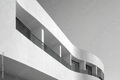 Modern architectural design featuring a curvilinear balcony in black and white photo