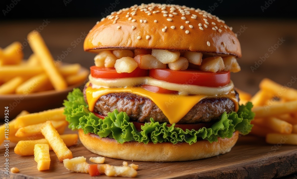 Delicious cheeseburger with fries Delicious cheeseburger with fries