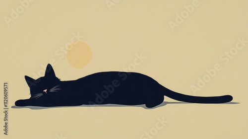 Black cat silhouette resting in the sun with minimalist design