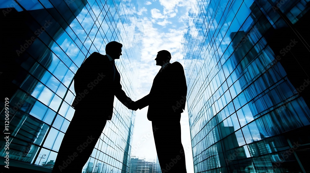 Silhouetted Businesspeople Shaking Hands in Front of Skyscrapers Signifying Corporate Partnership : Generative AI Silhouetted Businesspeople Shaking Hands in Front of Skyscrapers Signifying Corporate Partnership : Generative AI