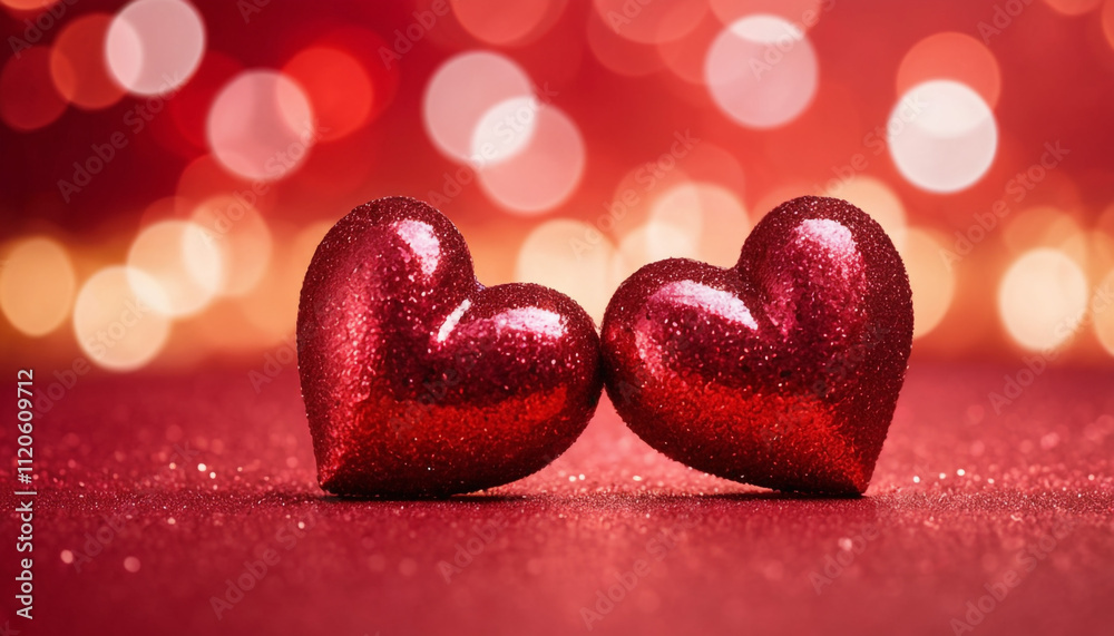 Two red glittery hearts placed closely together on a sparkling red surface. Happy Valentine's Day Two red glittery hearts placed closely together on a sparkling red surface. Happy Valentine's Day